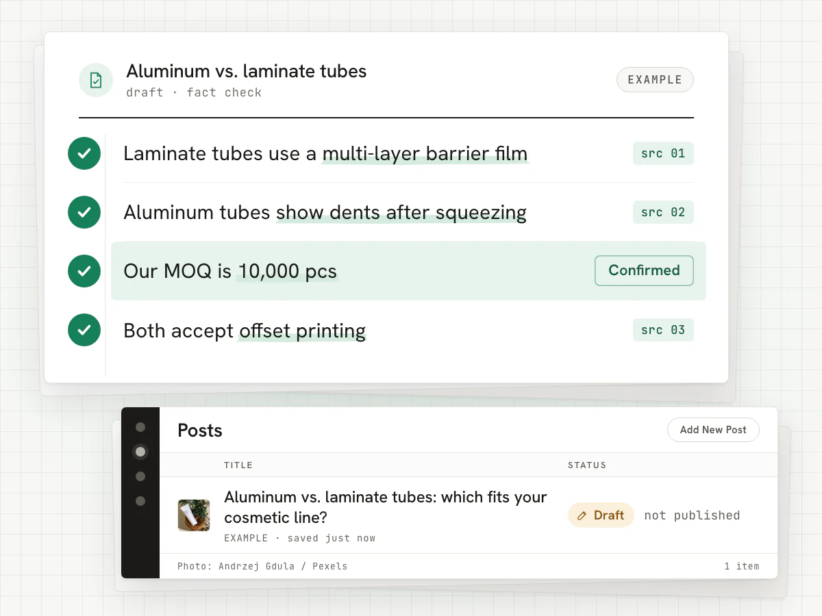 Example fact list with green checks, one business fact confirmed by the owner, and a WordPress draft marked not published
